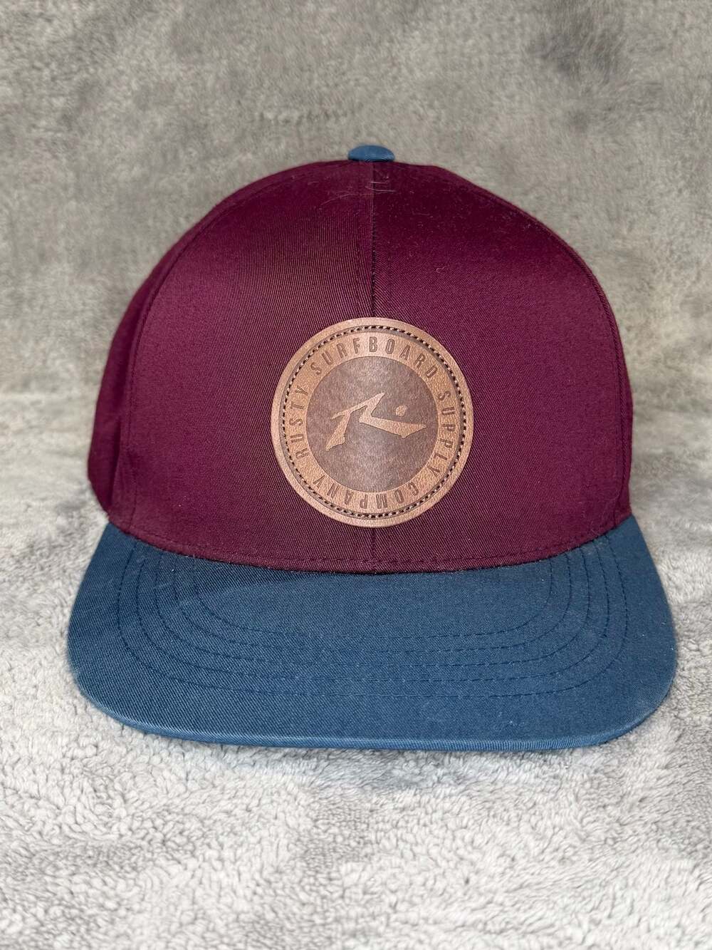 Rusty Surfboard Supply Company Snapback Hat Burgundy and Blue